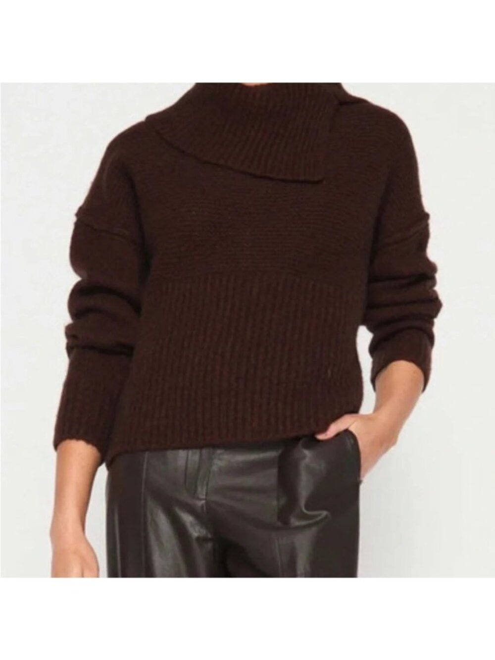 NWOT Brochu Walker Brown Wool Blend Cowl Neck Ribbed Sweater XS FVA3110 - Picture 2 of 11